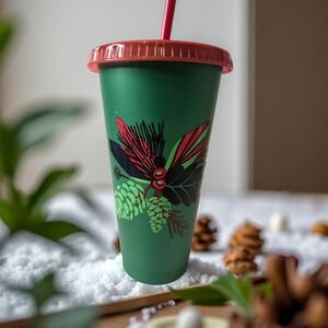Starbucks 2020 Christmas‎ Cold Cup Tumbler 24 oz Green Pine Cone Reusable Straw